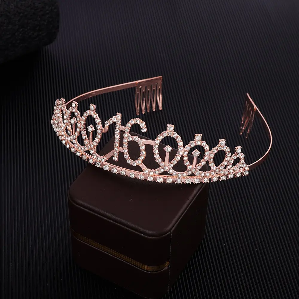 Rose Gold Full Diamond Crown Headband for Girls Party Wear