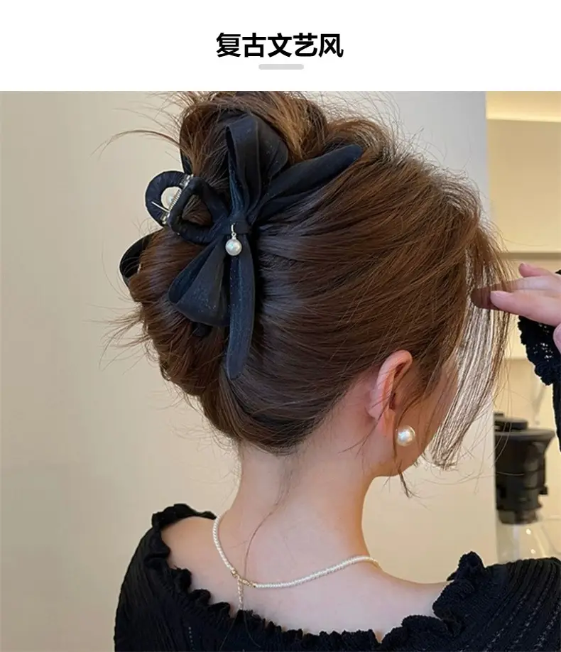 Women's Pearl Bow Hair Clip Large Size — feature 3