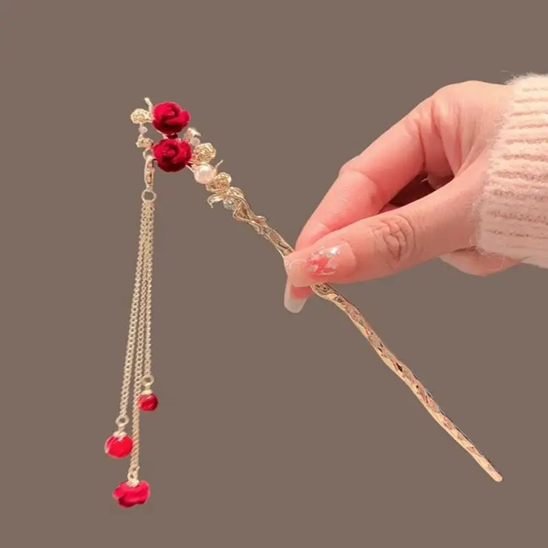 2024 New Chinese Red Rose Hairpin for Women - Image 5