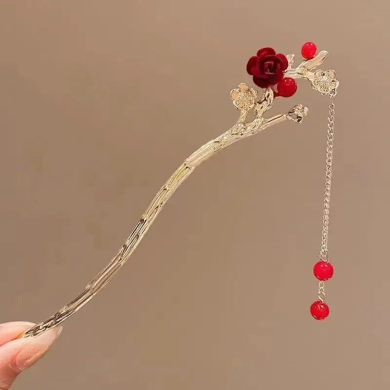 2024 New Chinese Red Rose Hairpin for Women — feature 3