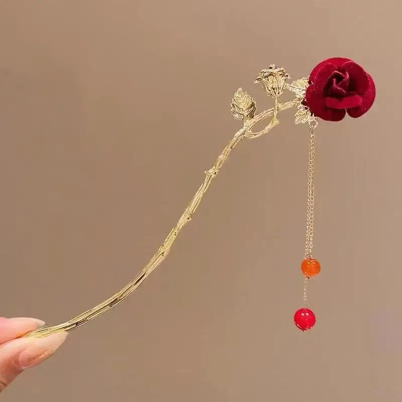 2024 New Chinese Red Rose Hairpin for Women — feature 8