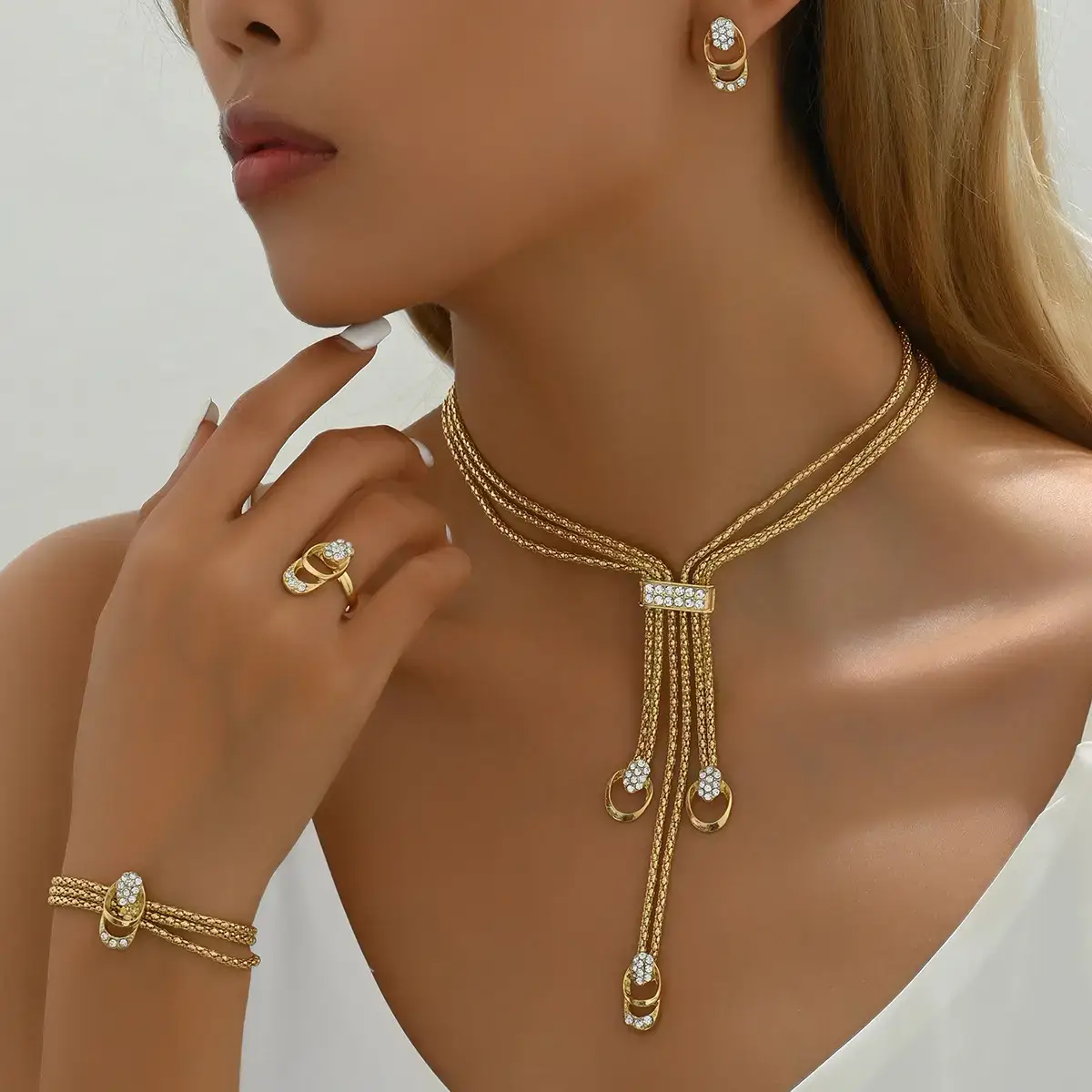 Gold Diamond Necklace Set with Earrings & Ring - Image 7
