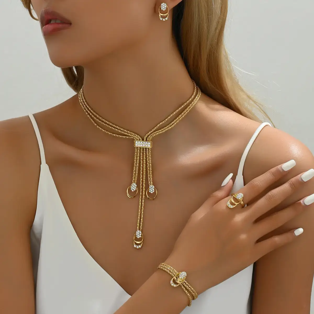 Gold Diamond Necklace Set with Earrings & Ring - Image 3
