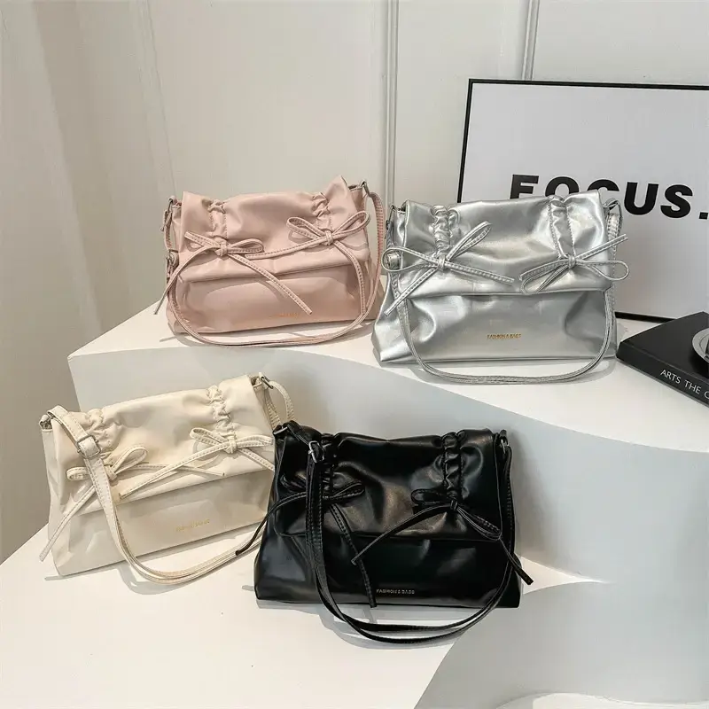 Black Bow Pleated Shoulder Bag for Women - Image 5