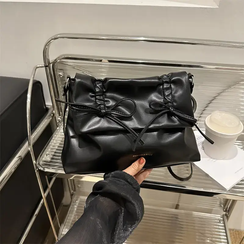 Black Bow Pleated Shoulder Bag for Women - Image 7