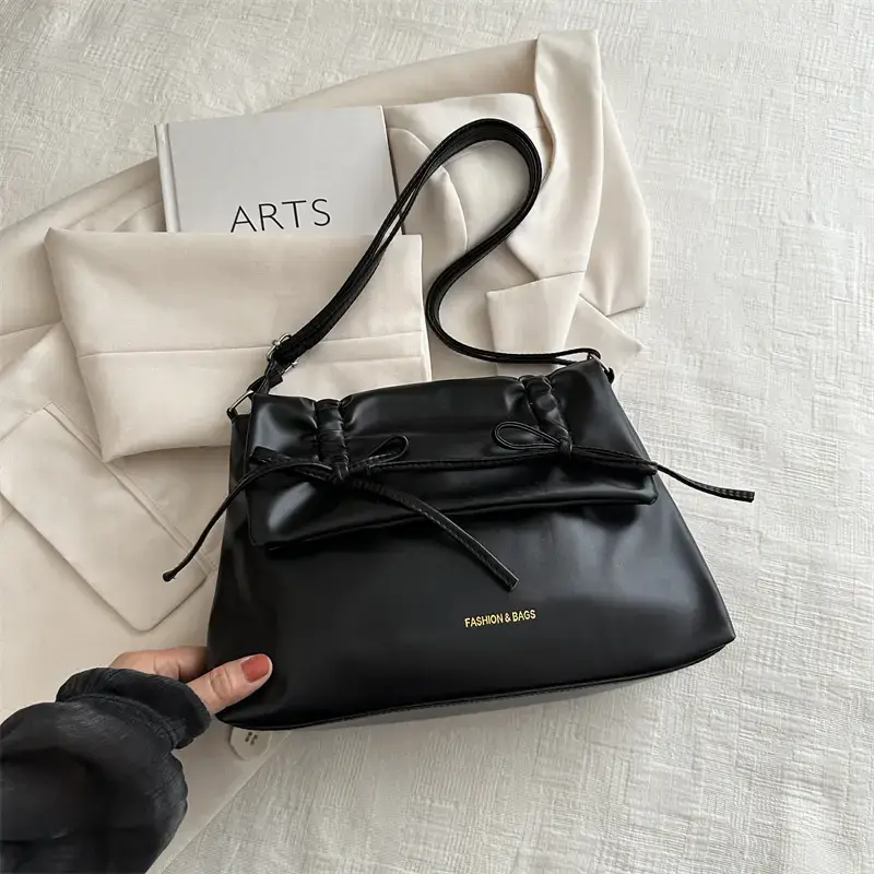 Black Bow Pleated Shoulder Bag for Women - Image 2