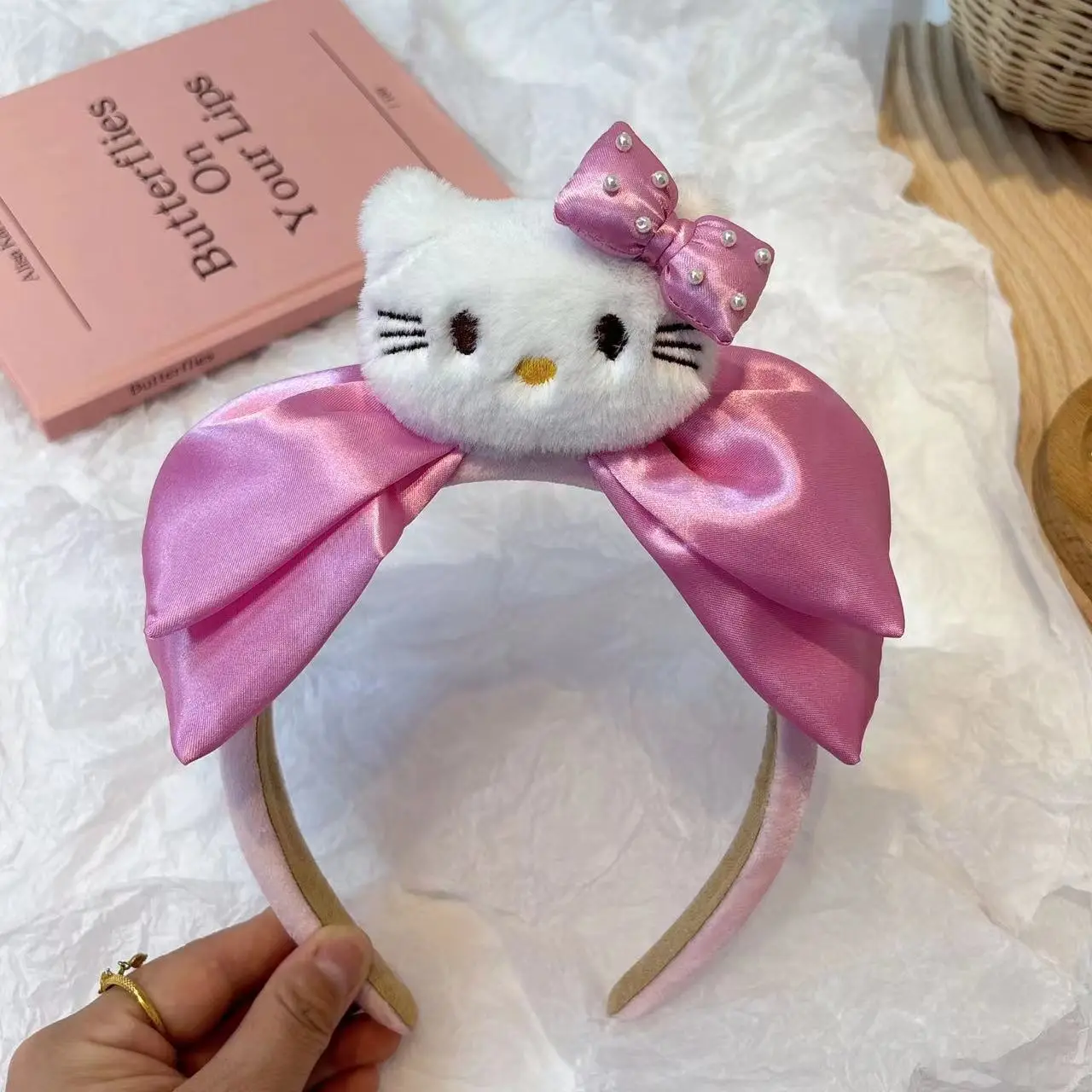 Pink bow pearl-white KT powder headband