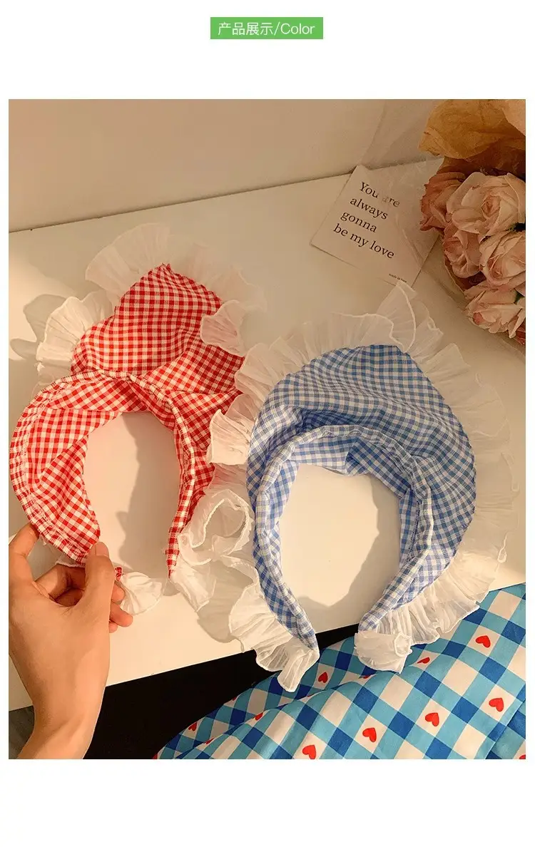 Women's Red Checkered Headscarf with Ruffled Lace — feature 2
