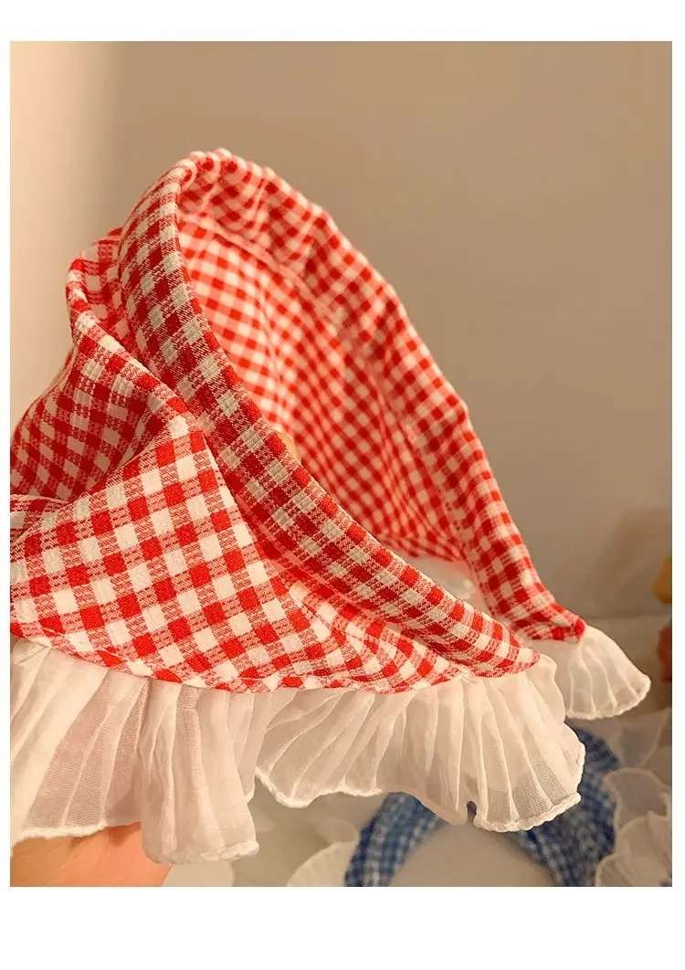Women's Red Checkered Headscarf with Ruffled Lace — feature 8