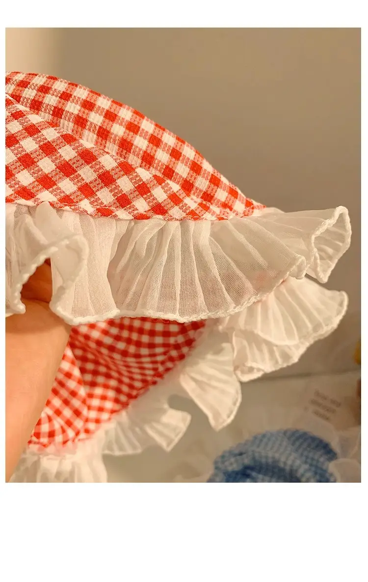 Women's Red Checkered Headscarf with Ruffled Lace — feature 9