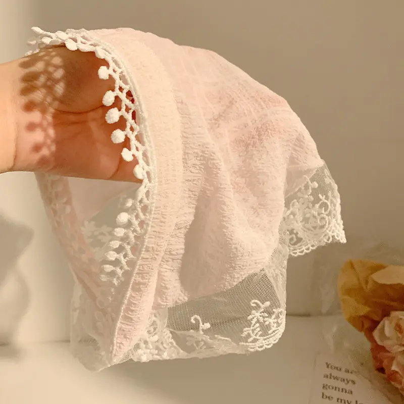 Women's Red Checkered Headscarf with Ruffled Lace - Image 3