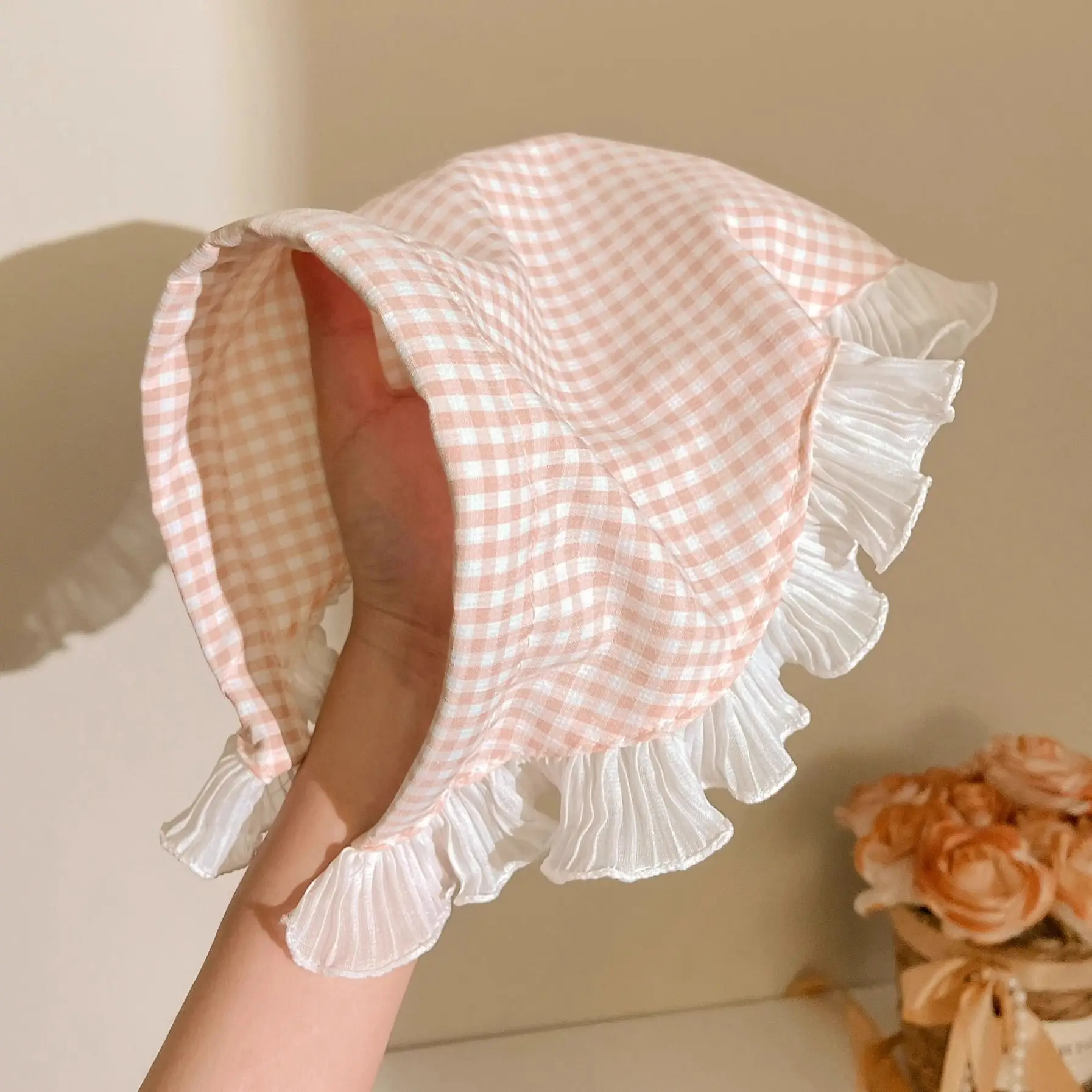 Women's Red Checkered Headscarf with Ruffled Lace - Image 5