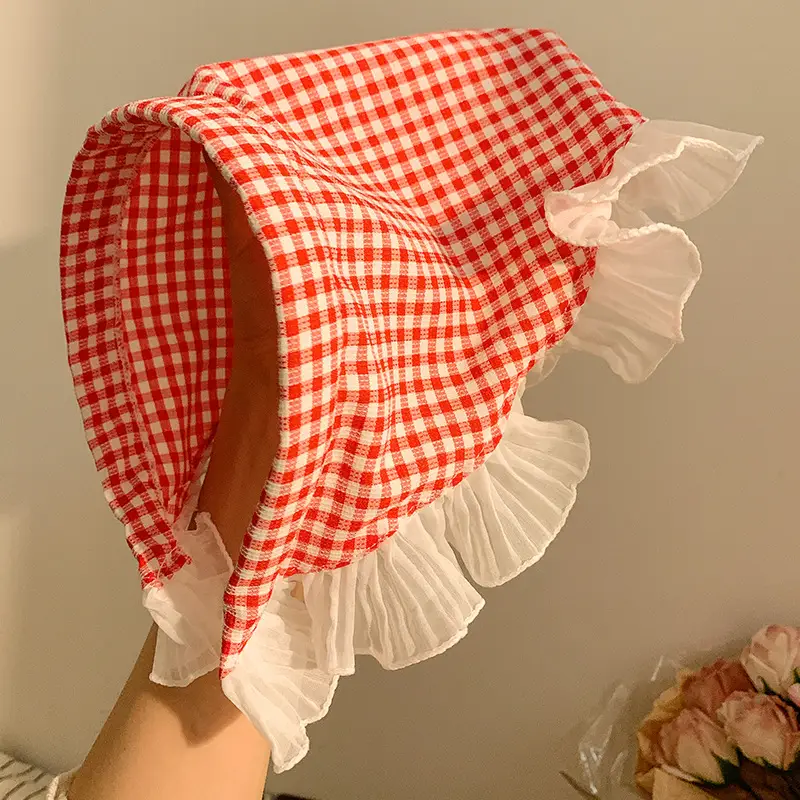 Women's Red Checkered Headscarf with Ruffled Lace - Image 6
