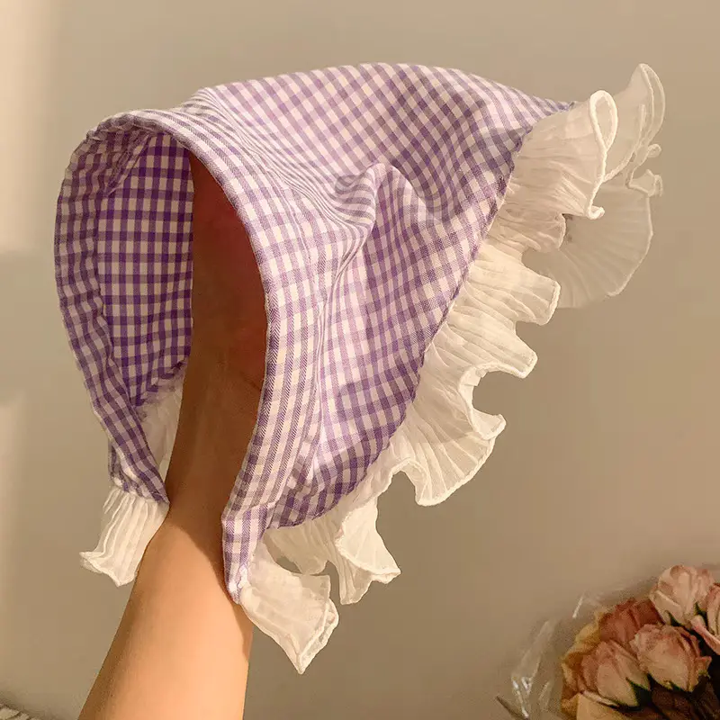 Women's Red Checkered Headscarf with Ruffled Lace - Image 8
