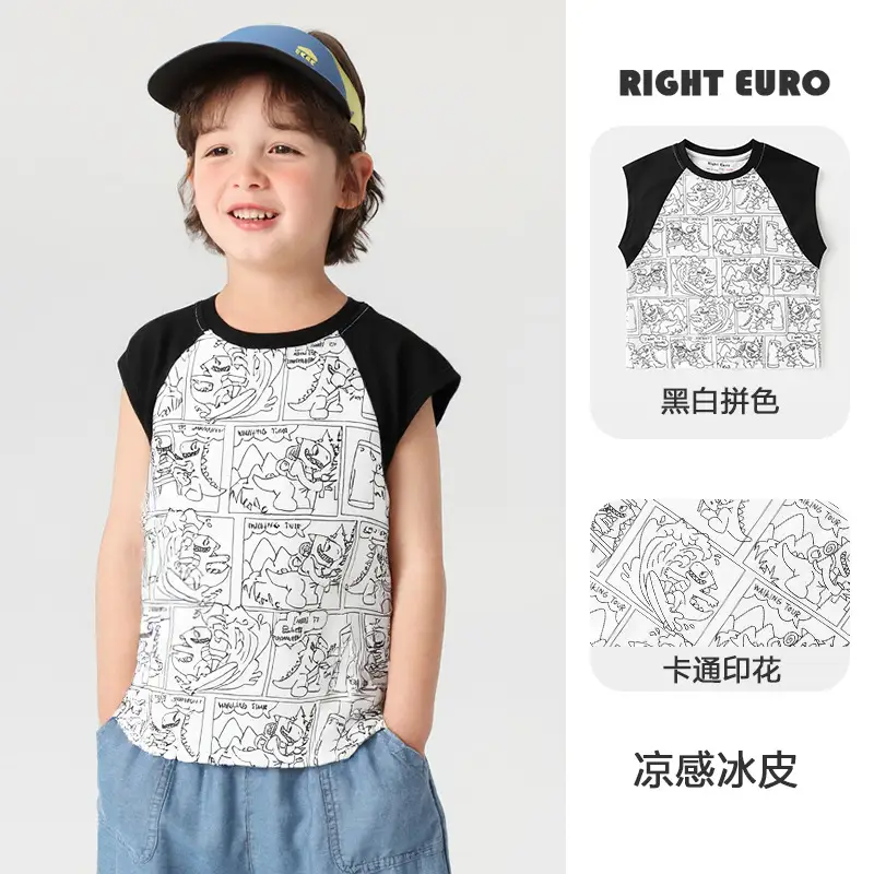 Boys Sleeveless T-Shirt Black White Print Summer Cool - Image 9