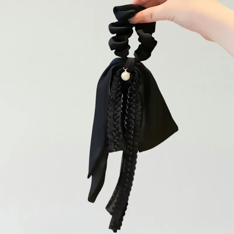 Black Bow Ribbon Hair Ring with Pearl Button - Image 4