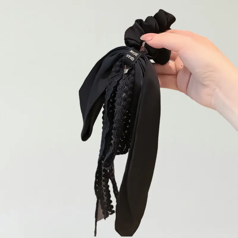 Black Bow Ribbon Hair Ring with Pearl Button — feature 3