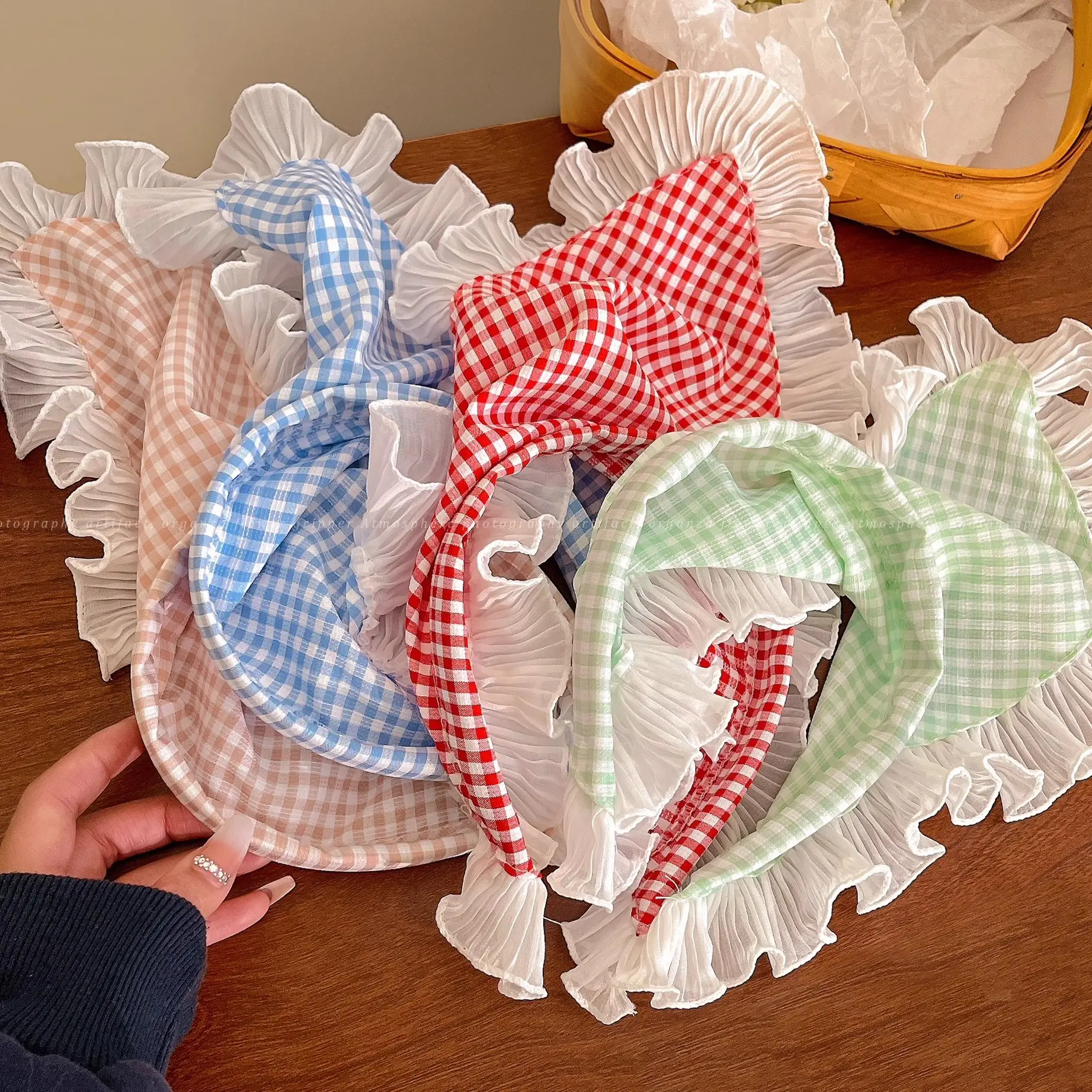 Women's Green Gingham Lace Hair Towel - Image 12