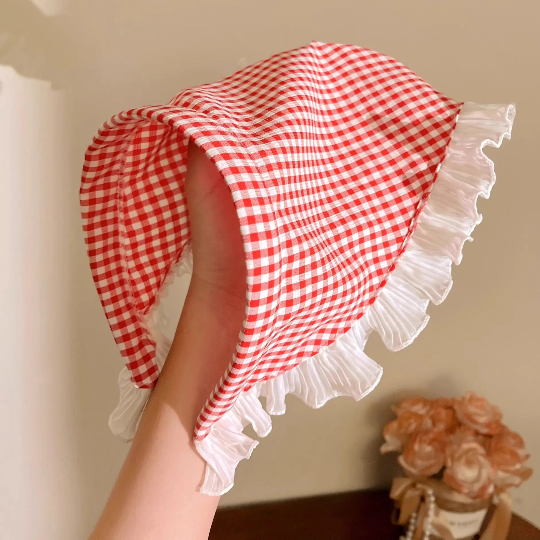 Women's Green Gingham Lace Hair Towel - Image 5