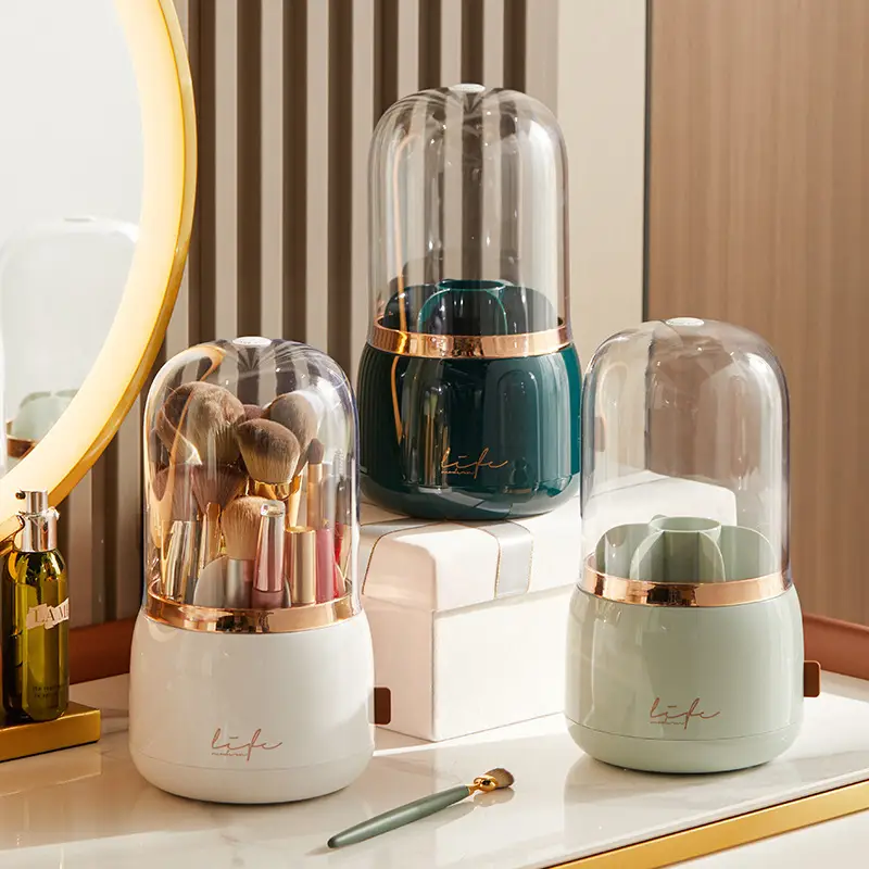 Rotatable Makeup Brush Storage Box with Glass Dome