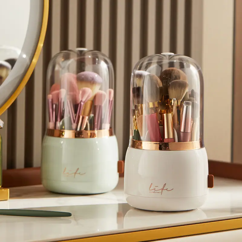 Rotatable Makeup Brush Storage Box with Glass Dome