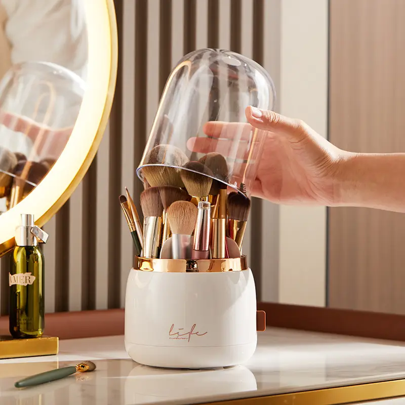 Rotatable Makeup Brush Storage Box with Glass Dome