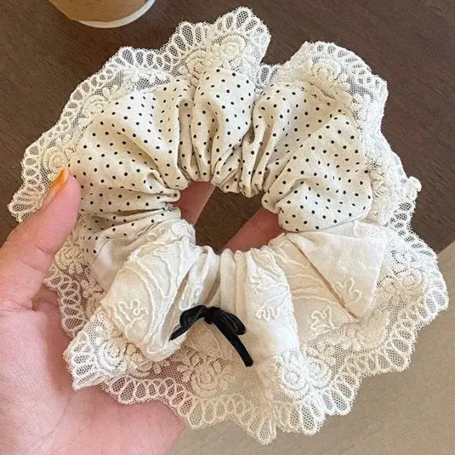 Lace Hair Ring for Women White Polka Dot Academic Style - Image 3