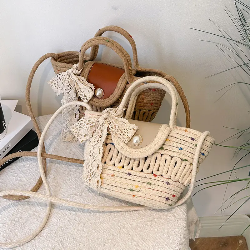 Western Style Hollow Woven Beach Bag with Lace Bow