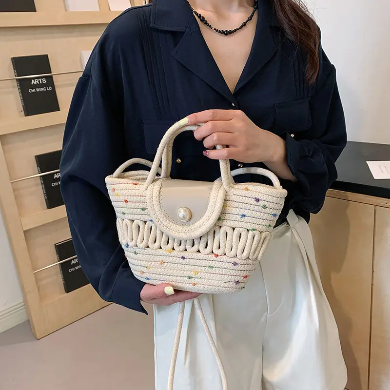 Western Style Hollow Woven Beach Bag with Lace Bow