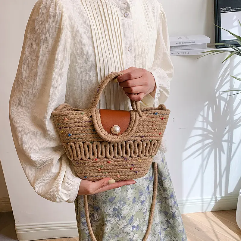 Western Style Hollow Woven Beach Bag with Lace Bow
