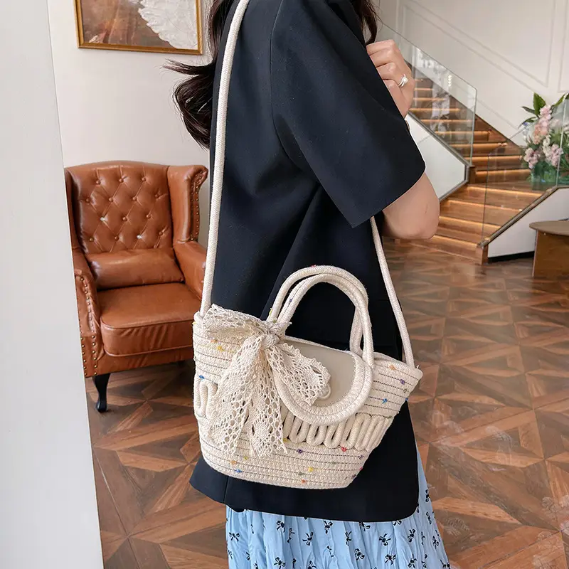 Western Style Hollow Woven Beach Bag with Lace Bow