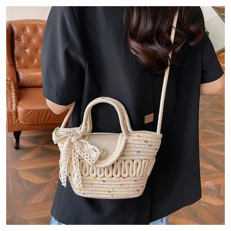 Western Style Hollow Woven Beach Bag with Lace Bow — feature 14