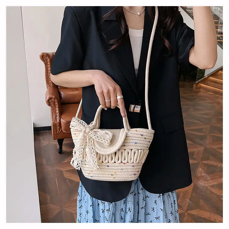 Western Style Hollow Woven Beach Bag with Lace Bow — feature 15
