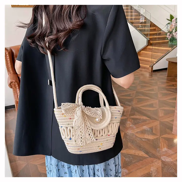 Western Style Hollow Woven Beach Bag with Lace Bow — feature 16