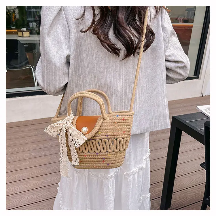 Western Style Hollow Woven Beach Bag with Lace Bow — feature 17