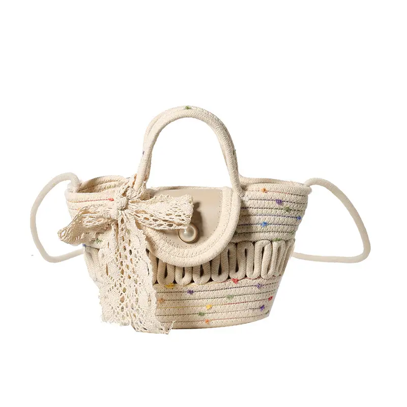 Western Style Hollow Woven Beach Bag with Lace Bow