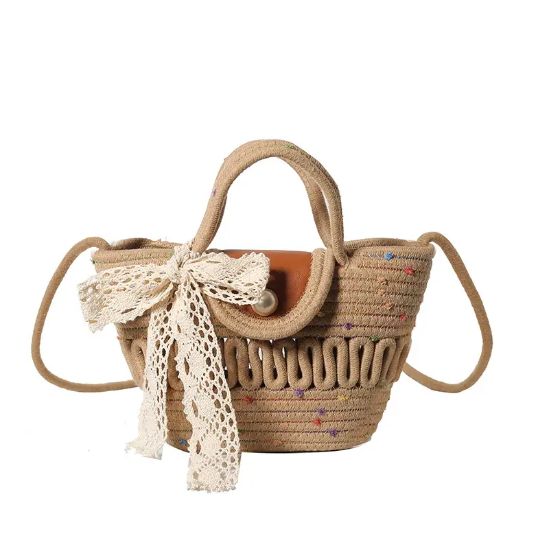 Western Style Hollow Woven Beach Bag with Lace Bow
