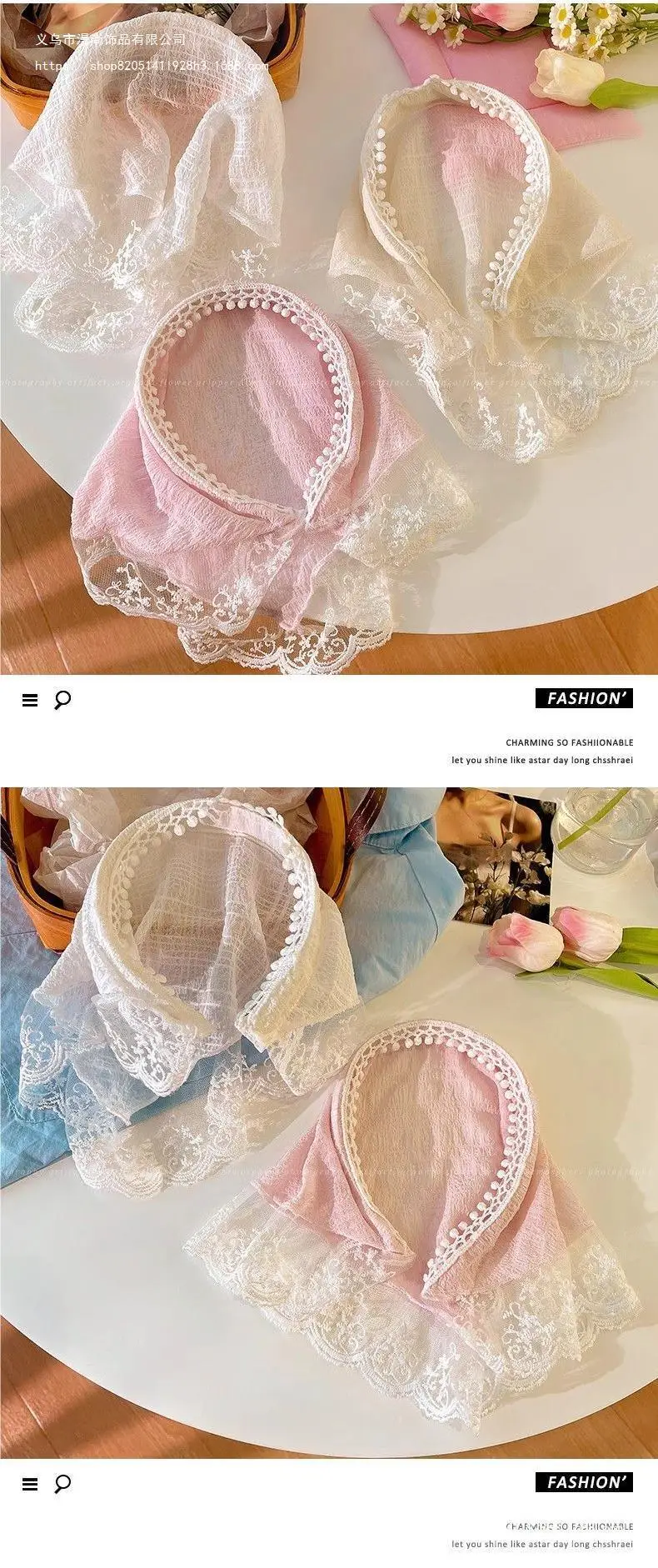 Women's Blue Gingham Lace Headscarf with Ruffles — feature 7