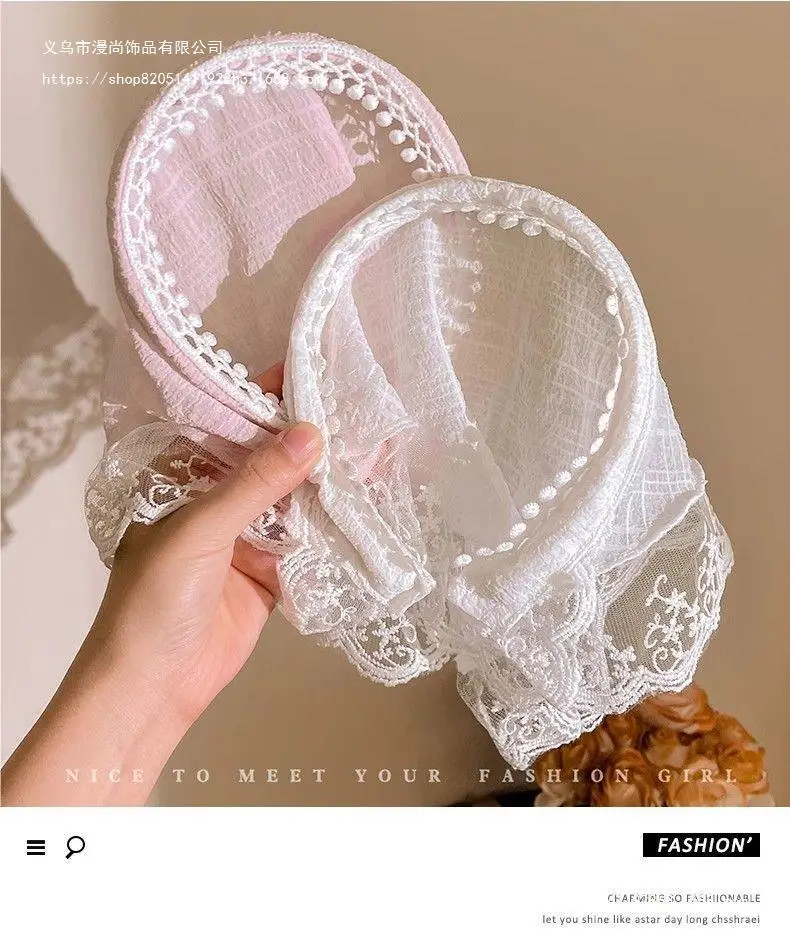 Women's Blue Gingham Lace Headscarf with Ruffles — feature 9