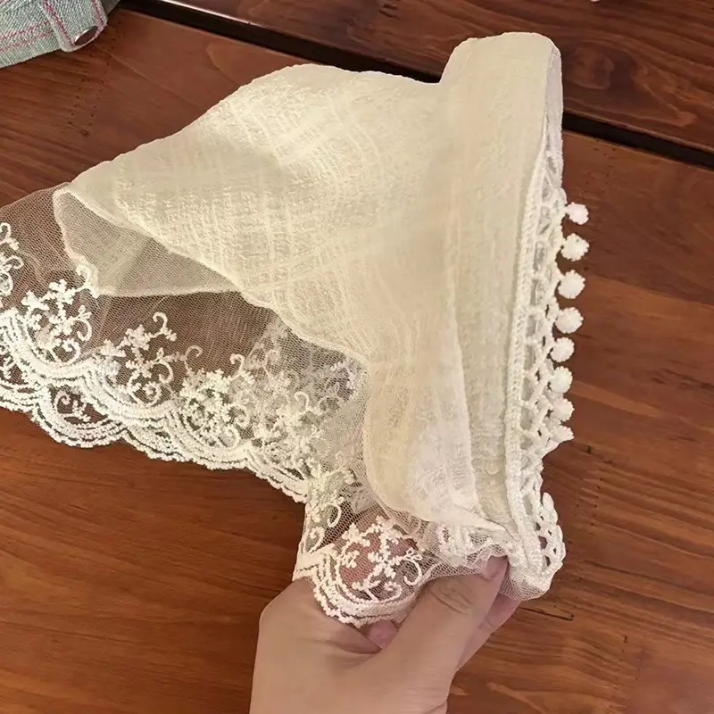 Women's Blue Gingham Lace Headscarf with Ruffles