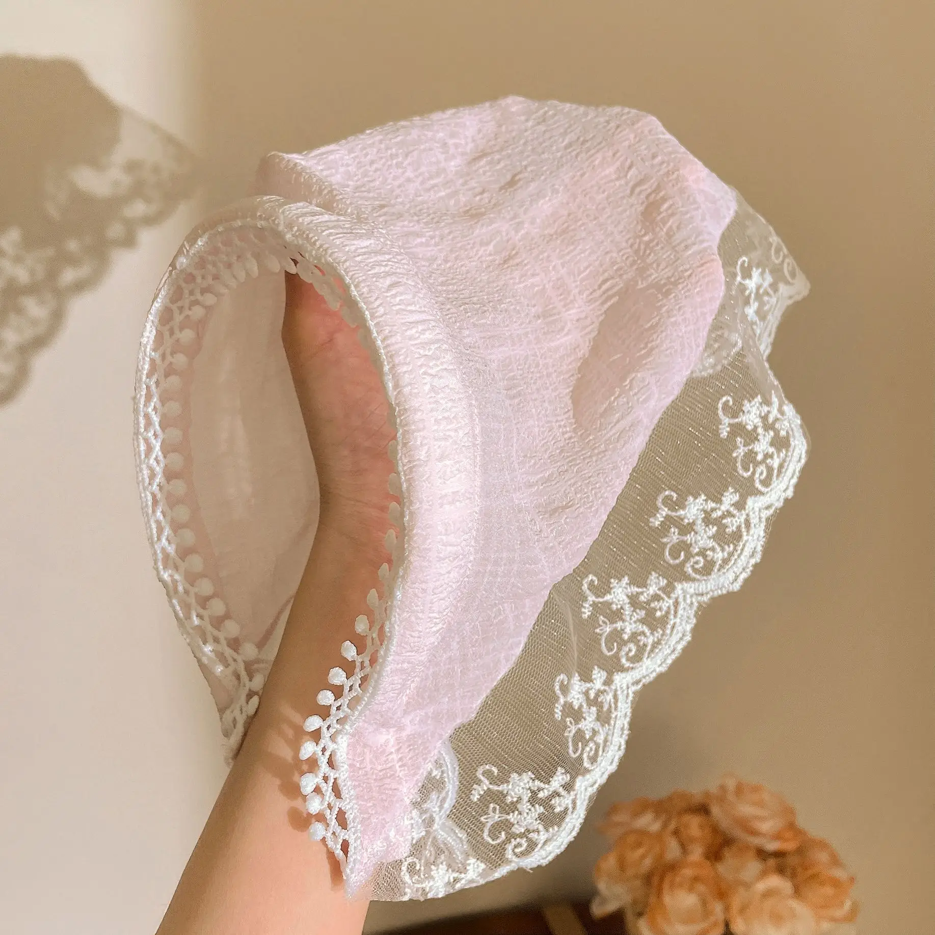 Women's Blue Gingham Lace Headscarf with Ruffles