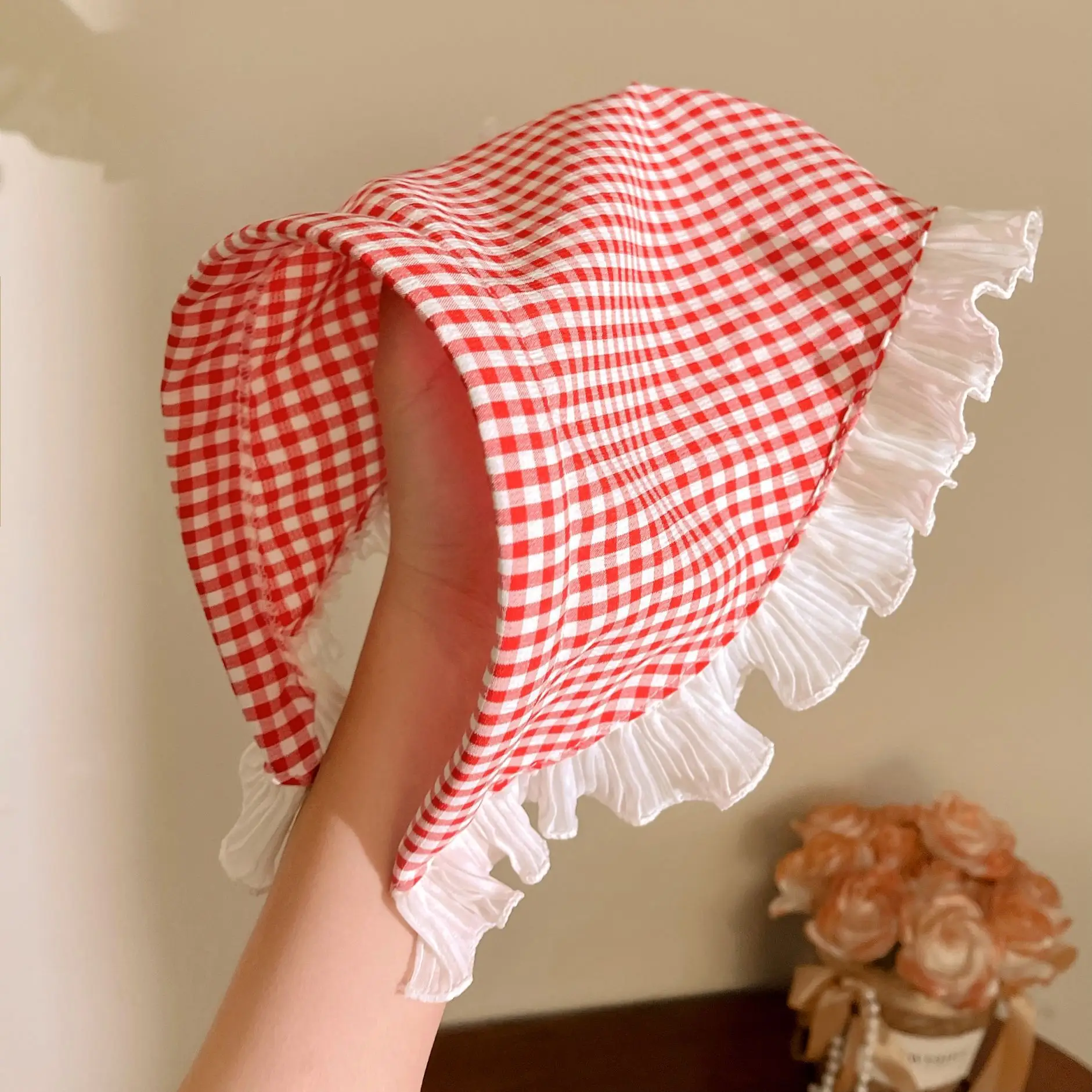 Women's Blue Gingham Lace Headscarf with Ruffles