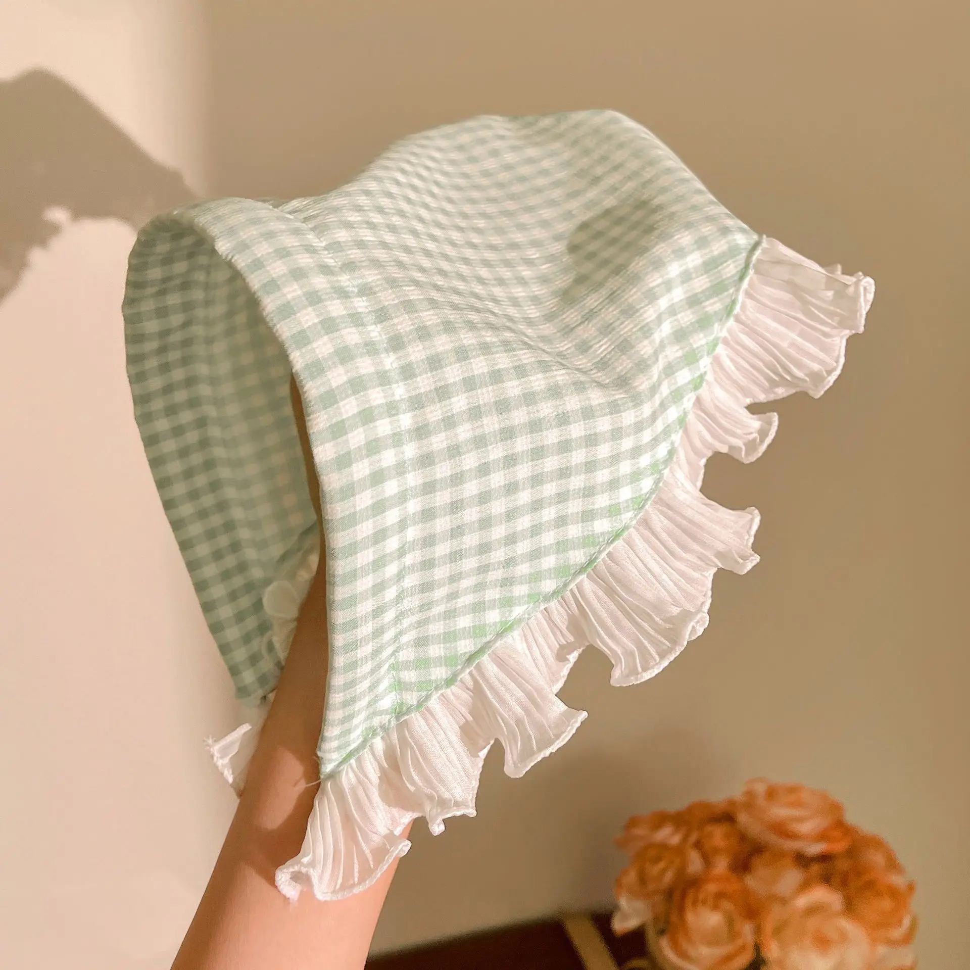 Women's Blue Gingham Lace Headscarf with Ruffles