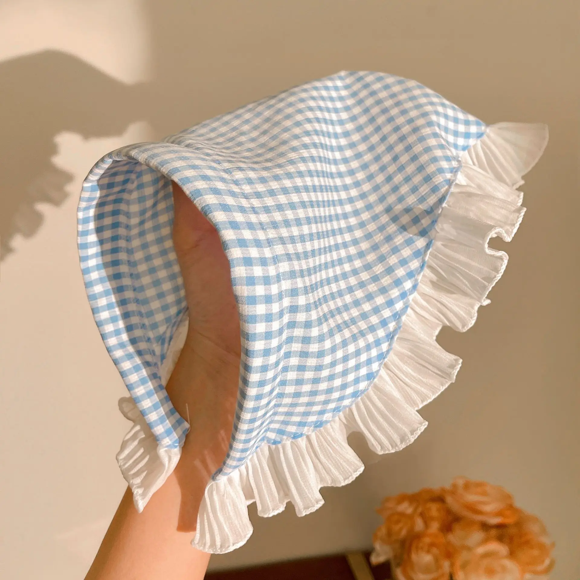Women's Blue Gingham Lace Headscarf with Ruffles