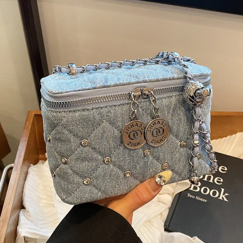 Light Blue Quilted Chain Shoulder Bag with Crossbody Compartment - Image 3