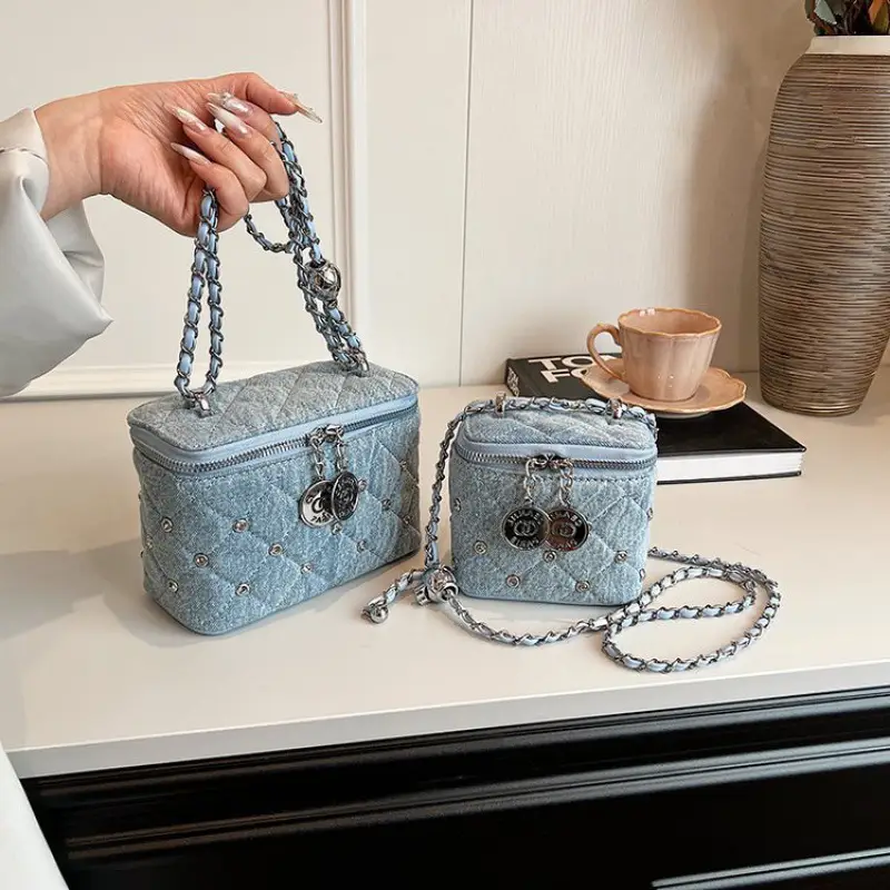Light Blue Quilted Chain Shoulder Bag with Crossbody Compartment - Image 4