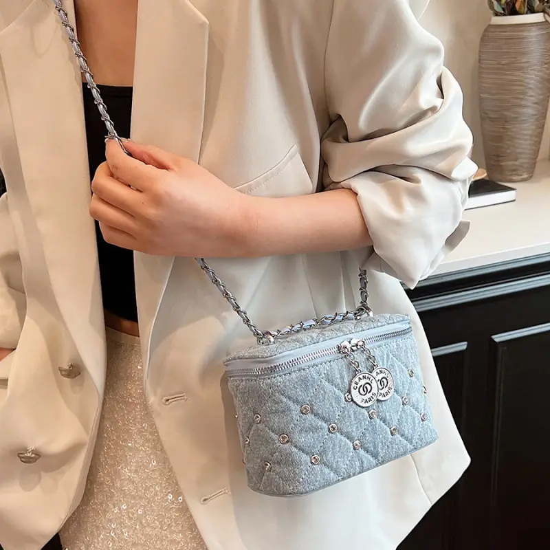 Light Blue Quilted Chain Shoulder Bag with Crossbody Compartment - Image 5