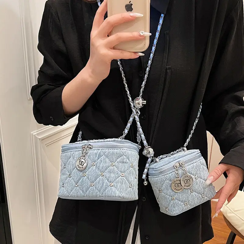 Light Blue Quilted Chain Shoulder Bag with Crossbody Compartment - Image 6