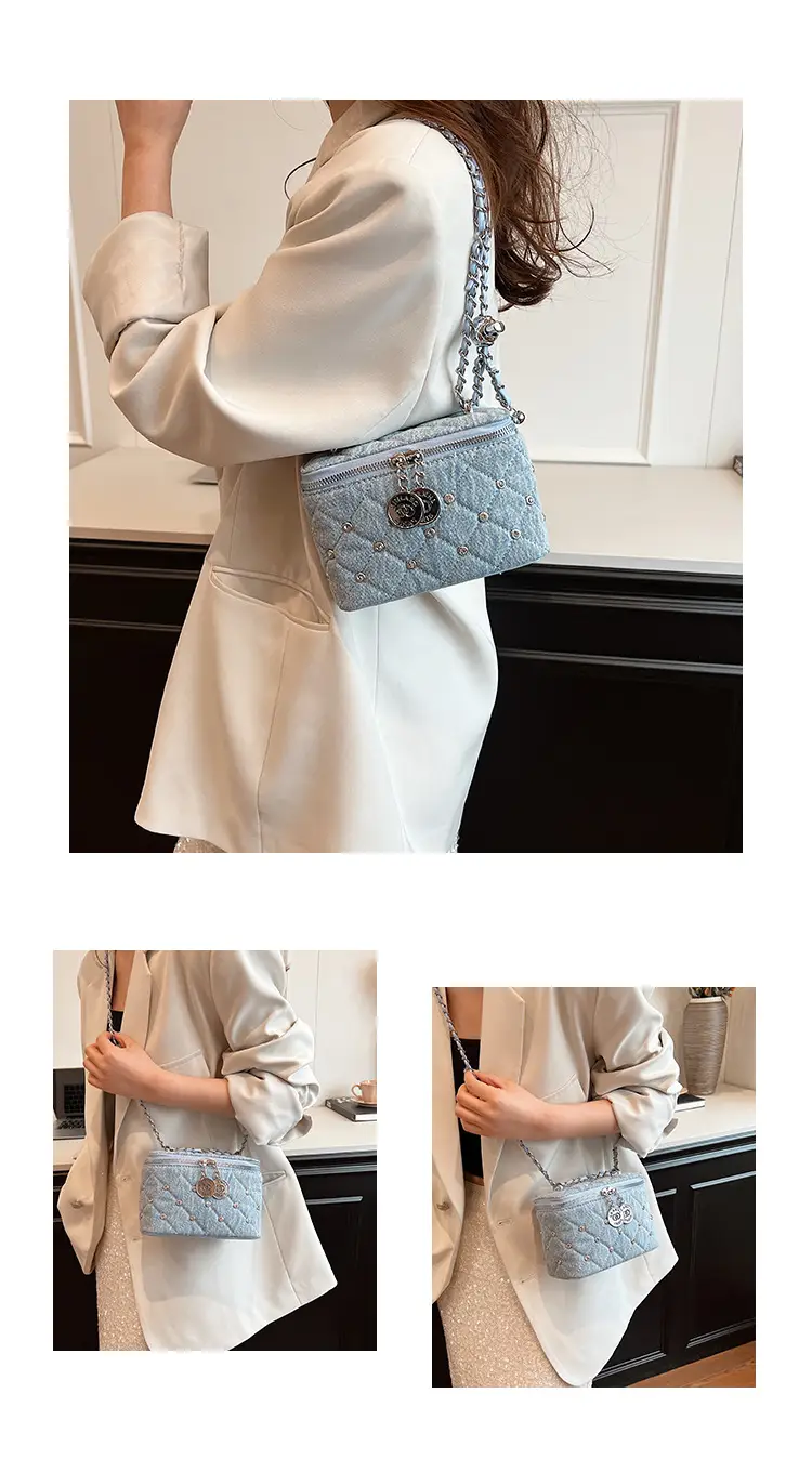 Light Blue Quilted Chain Shoulder Bag with Crossbody Compartment — feature 18
