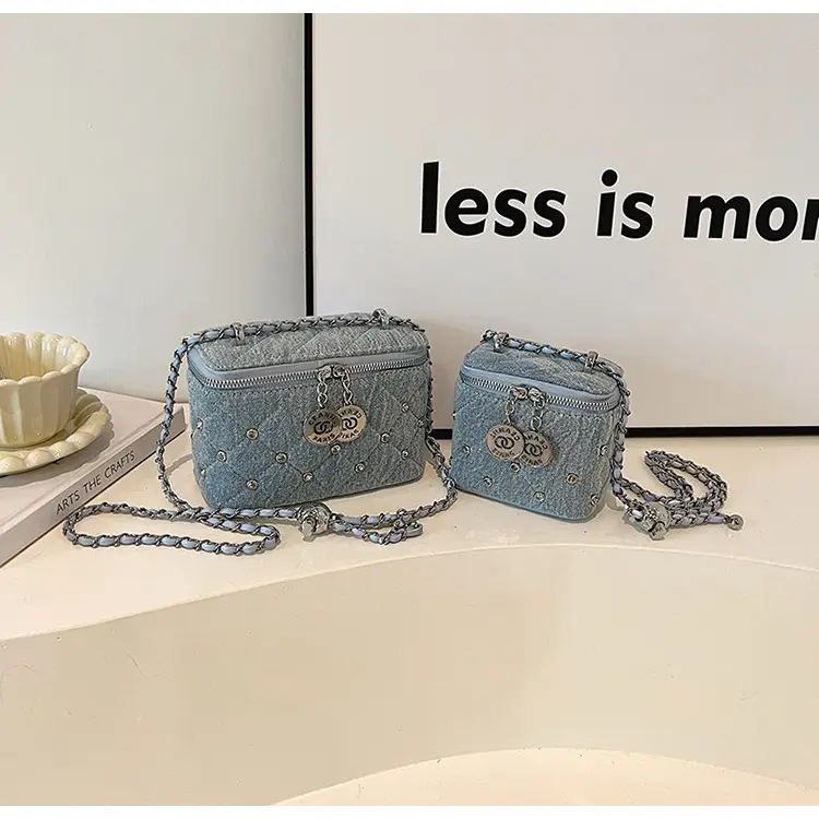 Light Blue Quilted Chain Shoulder Bag with Crossbody Compartment — feature 20